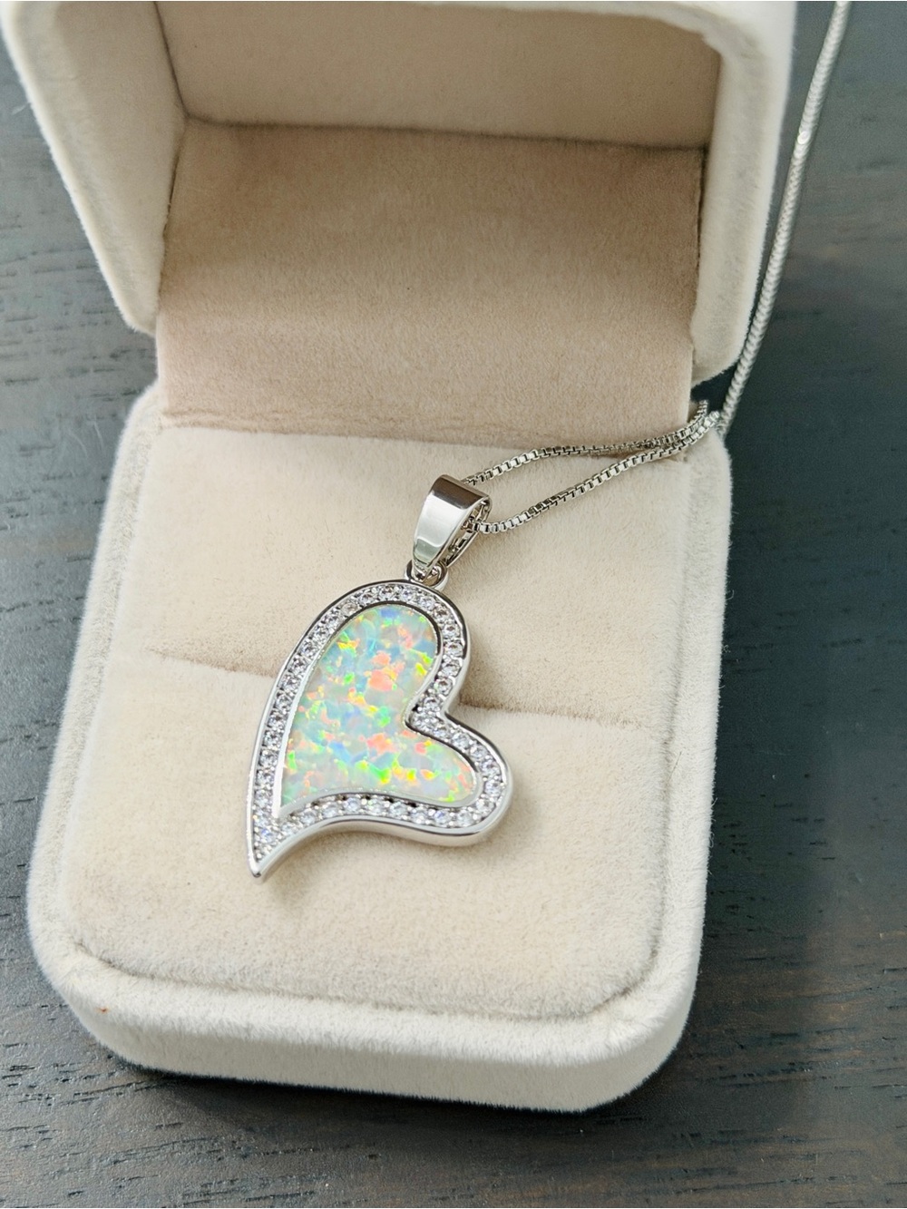Sterling Silver Heart Opal Pendant Necklace - White Opal